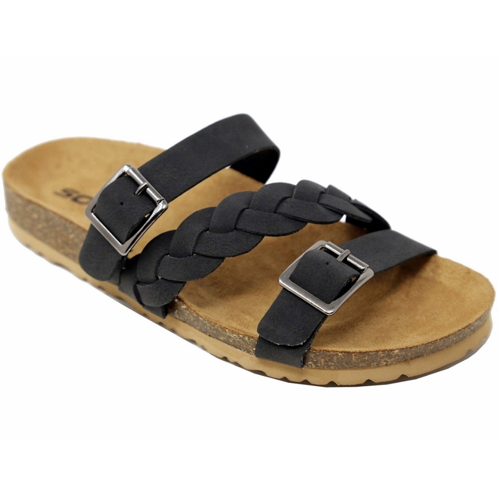 New Soda Black Braided Straps Slip On Cork Sandals
